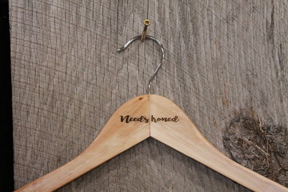 Needs Ironed Iron Clothes Hanger Engraved Hard Wood Sturdy Note Message Organization Wash Laundry Room