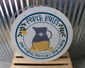 Porch Rules Lemonade Pitcher Pour a glass take a sip Stay awhile Wood Door Hanger Round Front Door Entryway Decor Plaque Wall Art Wood Print