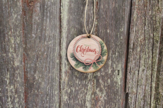 Ornament Merry Christmas Evergreen Wreath Red Green Pine Wood Wall Hanging Tree Rustic Farmhouse Wood Ribbon Script Text