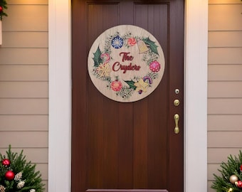 Handmade Custom Wood Family Name Sign: Holiday Wreath, Raised Letters