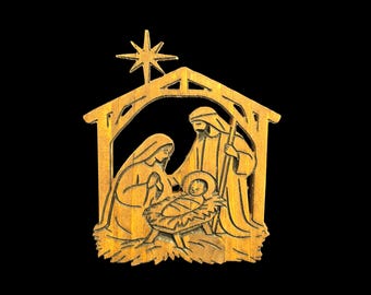Engraved Stained Wood Nativity Scene – Holy Family Christmas Décor with Star of Bethlehem