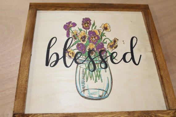 Blessed Wood Sign Purple and Yellow Pansy Flower Vase Brown Framed Print Pansies Floral Text Gift Wall Art Farmhouse Primitive Rustic