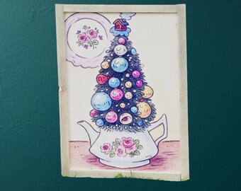 Whimsical Teapot Christmas Tree Sign – Colorful Ornament Tree Growing from Floral Teapot for Retro Cottage Holiday Wall Decor