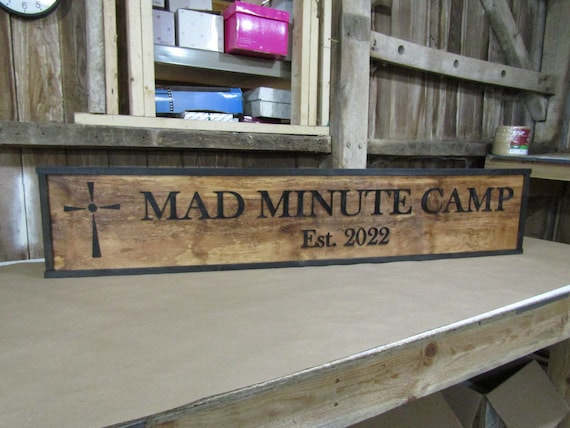 Wooden Personalized Sign Camp Mad Minute Cross Faith Custom Made to Order 3D Signage Entrance Welcome Established Rustic Ranch Style Country