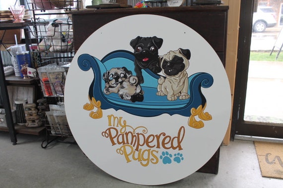 Groomer Pamper Pugs Personalized Waterproof Sign Smooth Round Circle Outdoor Ready for your Business Logo Great for hanging or wall mounted