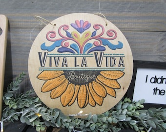 Small Business Sign Logo Your Actual Logo Round Viva La Vida Design Custom Circle Personalized Floral Sunflower Wall Art Color Wood Print
