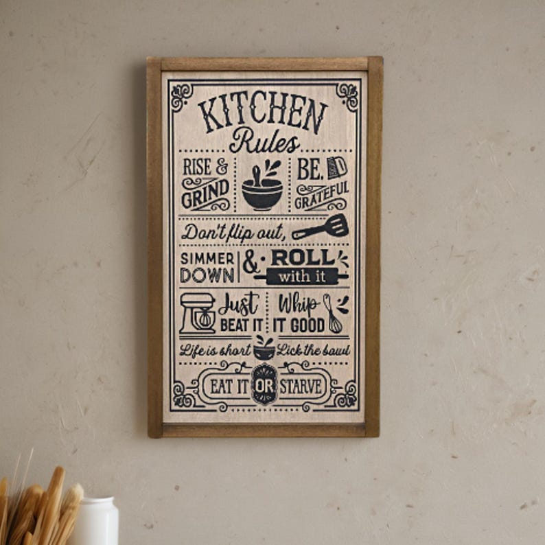 Printed Wood Kitchen Rules Sign • Funny Cooking Quote Wall Decor • Full ...