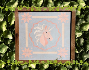 Pastel Geometric Unicorn Sign – Soft Pink and Peach Unicorn Illustration with Scalloped Border for Whimsical Nursery or Cottage Decor