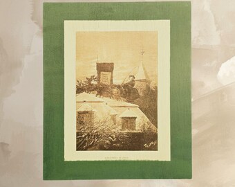 Vintage Santa Sleigh Christmas Illustration – Sepia Rooftop Scene with Reindeer Over Snowy Village – Timeless Holiday Wall Decor for Home