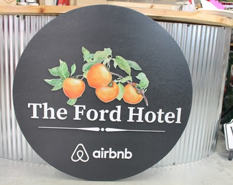 Hotel Peaches Oranges Hotel Sign Air BNB Sign Staycation Small Business Round Handmade Custom Sign 3D Color Raised Lettering Image