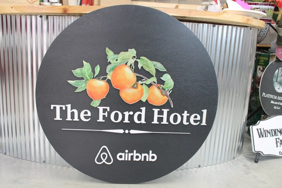 Hotel Peaches Oranges Hotel Sign Air BNB Sign Staycation Small Business Round Handmade Custom Sign 3D Color Raised Lettering Image