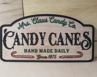 Candy Canes Mrs Claus Candy Co. Handmade Fresh Holiday Decor Christmas Shop Business 3D Raised off Red and Green Festive Candy Maker