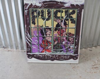 Christmas Window Cartoon Puck Magazine Wood Decorative Sign Caricature 1800s Vintage Antique Printed Vignette Early 1900s Comics