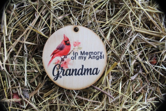 In Memory Of My Angel Grandma Cardnial In Rememberance Memorial Christmas Holiday Ornament Woodslice Keychain Gift Tag Round