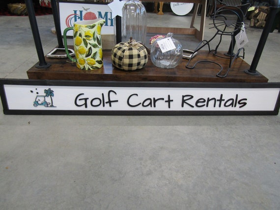 Long Horizontal Custom Sign Golf Course Cart Rental Signage Commerical Business Wooden Handmade Elevated Raised Letters Palm Tree Tee Time