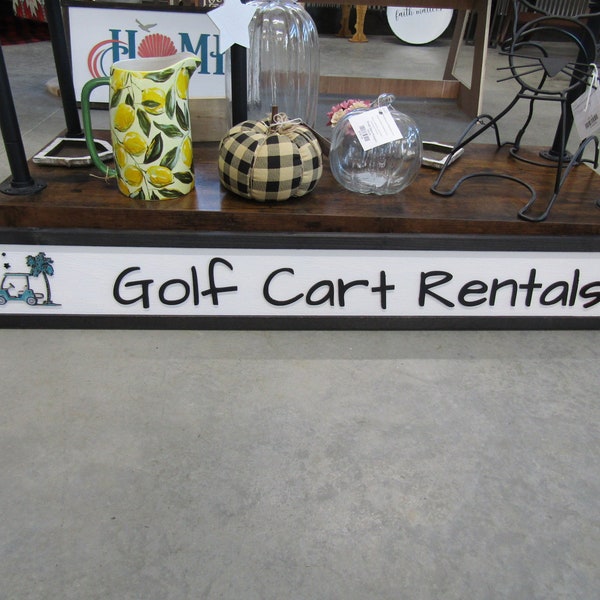 Long Horizontal Custom Sign Golf Course Cart Rental Signage Commerical Business Wooden Handmade Elevated Raised Letters Palm Tree Tee Time