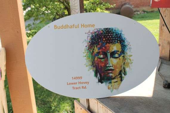 Custom Oval Sign PVC Smooth Weatherproof Water Proof Mold resistant UV ink Printed Buddha Address Commerical signage Outdoor Personalized