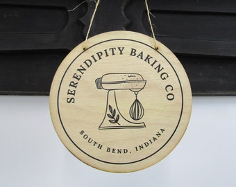 Your Actual Logo Serendipity Baking Mixer Round Booth Small Business Hanging Sign Business Custom Circle Personalized Store Color Wood Print