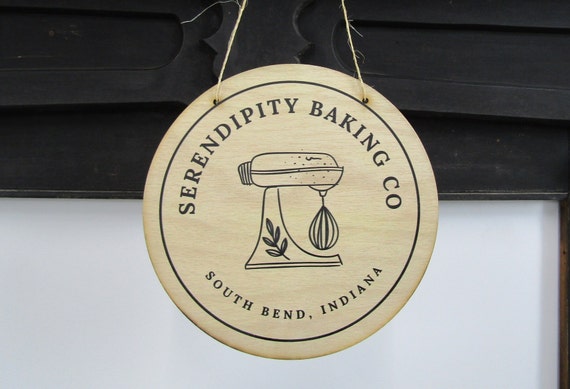 Your Actual Logo Serendipity Baking Mixer Round Booth Small Business Hanging Sign Business Custom Circle Personalized Store Color Wood Print