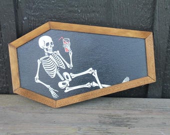 Skeleton in a Coffin Drinking Halloween Lounging Spooky Porch Prop Wooden Decor Fall Decoration Sign Haunted Grave Yard Theme Wall Hanging