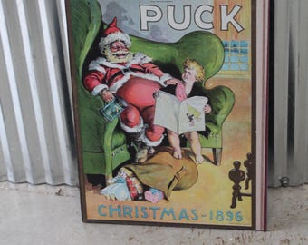 Christmas Santa Cartoon Puck Magazine Wood Decorative Sign Caricature 1896 Vintage Antique Printed Vignette Early 1900s Comics