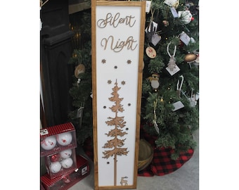 Silent Night Winter Pine Snowflakes Reindeer Porch Leaner Fireplace Living Dining Room Shabby Cottage Chic Farmhouse Rustic White Natural