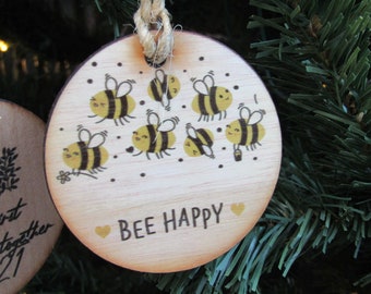 Bumble Bee Be Happy Inspirational Spring Ornament Seasonal Tree Home Decor Handmade Uvprinted Image Wood Slice Keychain Gift Happiness DIY