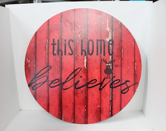 This House Believes Wreath Sign Red Barn Reindeer Wood Door Hanger Round Front Door Entry Way Decor Plaque Wall Art Wood Print
