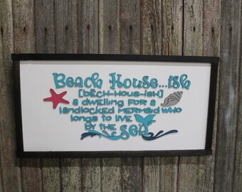 Beach House - Ish Wood Sign Ocean Water Sea Dwelling for a Landlocked Mermaid 3D Raised Text Wall Hanging Decor Rustic Longs for the Sea