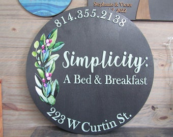 Floral Simplicity Bed and Breakfast Custom Sign Round Business Commerical Signage Made to Order Logo Circle Wooden Handmade