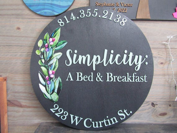 Floral Simplicity Bed and Breakfast Custom Sign Round Business Commerical Signage Made to Order Logo Circle Wooden Handmade