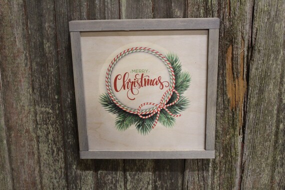 Primitive Merry Christmas Wood Sign Evergreen Wreath Gray Framed Print Red and White Stripe Script Wall Art Farmhouse Decoration Rustic