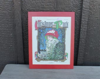 Christmas Lady in the Window Cartoon Puck Magazine Wood Decorative Sign Art 1800s Vintage Antique Printed Vignette Early 1900s Comics