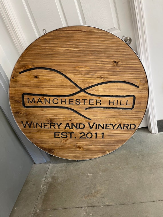 Custom Wooden Metal Wrapped Winery Sign Engraved Logo Vineyard Personalized Commerical Business Signage Routed Stained Color Filled