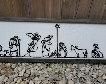 Nativity, Scene, Manger, Christmas, Winter, Christs Birth, Baby Jesus,  Line Art, 3D, Raised Text Sign, Rustic, Farmhouse, Shabby Chic, Wood