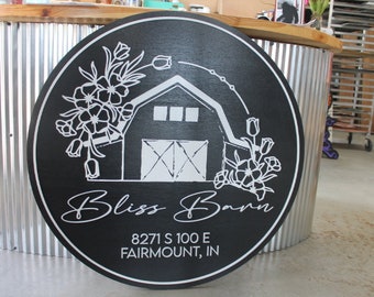 Custom Barn Bliss Venue Business Commerical Signage Laurel Outline Line Art Style Made to Order Small Shop Logo Circle Wooden Handmade