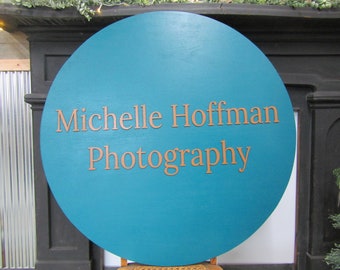 Round Photography Commerical Signage Business Circle Sign Raised Text Blue Gold Photographer Photography 3D Wooden Laser Cut Words Handmade