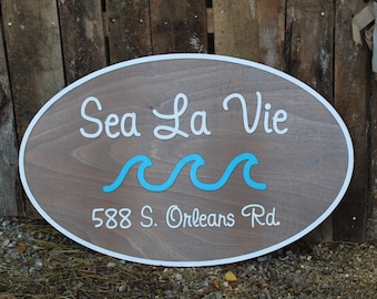 Custom Wood Sign Beach House Ocean Address Sign Entrance Way Gray Business Logo Laser Cut Out Large Oval Custom Wood Sign 3D Raised Text