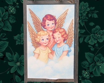 Vintage Angel Trio Wall Art – Cherub Illustration with Clouds & Pastel Wings – Sweet Heavenly Decor for Bedroom or Cottagecore Spaces