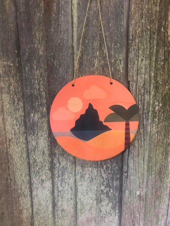 Round Scenic Wood Island Volcano Beach Palm Tree Sunset Orange Nursery Wall Hanger Decor Plaque Wall Art Color Wood Print