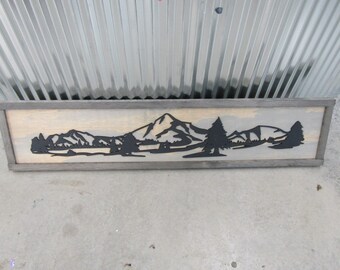 3d Sign with Mountains Get Away Cabin Style Gray Scenery 3D Raised Mountain River Pine Tree Over Sized Sign Rustic Ranch Wood Laser Cut