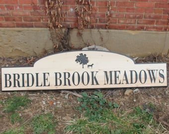 Neighborhood Entrance Sign Address Horse Meadows Engraved Inscribed Pine Paint filled Tree Subdivision Commerical Business Handmade
