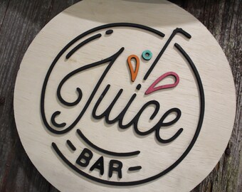 Round Juice Bar Sign Juice Stand 3D Text Large Contemporary Business Sign Straw Fruit Design Wall Art Decoration Wood Sign Lemonade