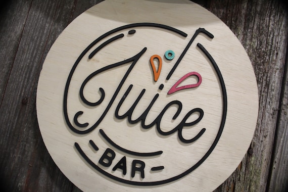 Round Juice Bar Sign Juice Stand 3D Text Large Contemporary Business Sign Straw Fruit Design Wall Art Decoration Wood Sign Lemonade