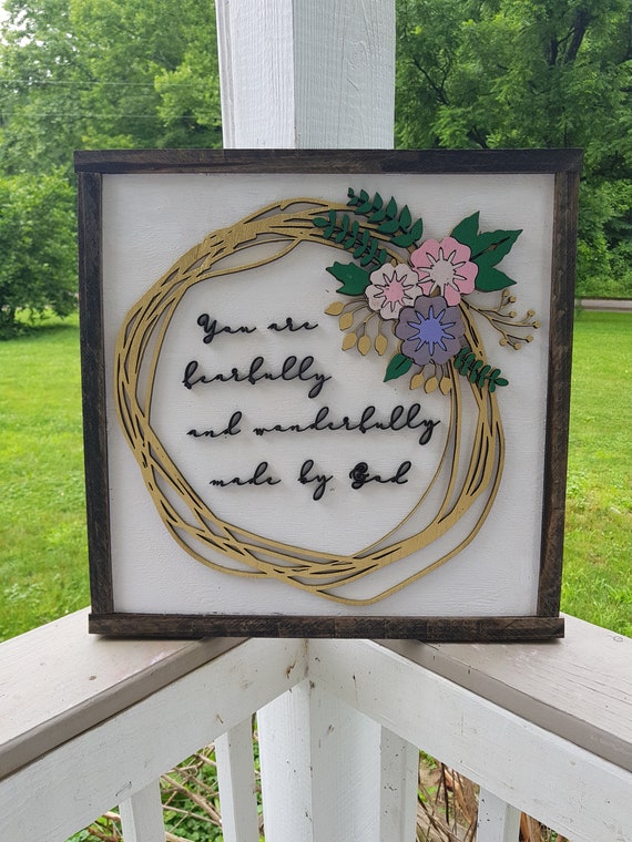 Baby Shower Gift Raised Text Flower Wreath Fearfully and Wonderfully Made Hoop 3D Floral Sign Scripture Text Script Verse Wood 3D Handmade
