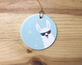 Cool Llama Christmas Ornament – Ceramic Tree Decor with Sunglasses