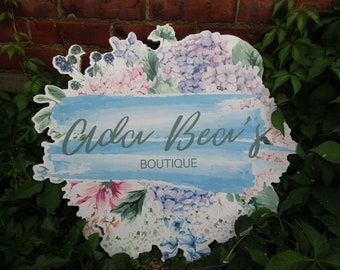 Printed Flower Watercolor Boutique Wooden Sign Commercial Signage Hydrangea Pretty Color Round Custom Personalized Business Front Sign