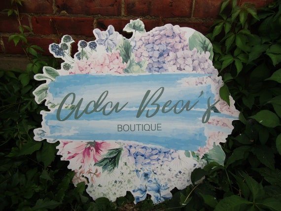 Printed Flower Watercolor Boutique Wooden Sign Commercial Signage Hydrangea Pretty Color Round Custom Personalized Business Front Sign