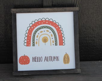 Hello Autumn Boho Rainbow Gourd Pumpkin Orange Fall Leaves Best time of the Year handmade wall art Cute Framed