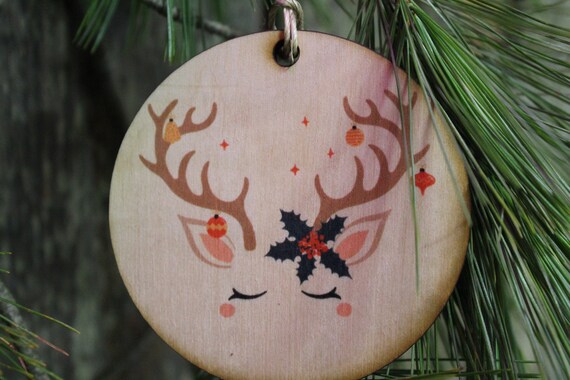 Unicorn Face Ornament Reindeer Antlers Wood Slice Poinsettia Horn Eyelashes Up-close Primitive Christmas Ornament Rustic Tree Printed